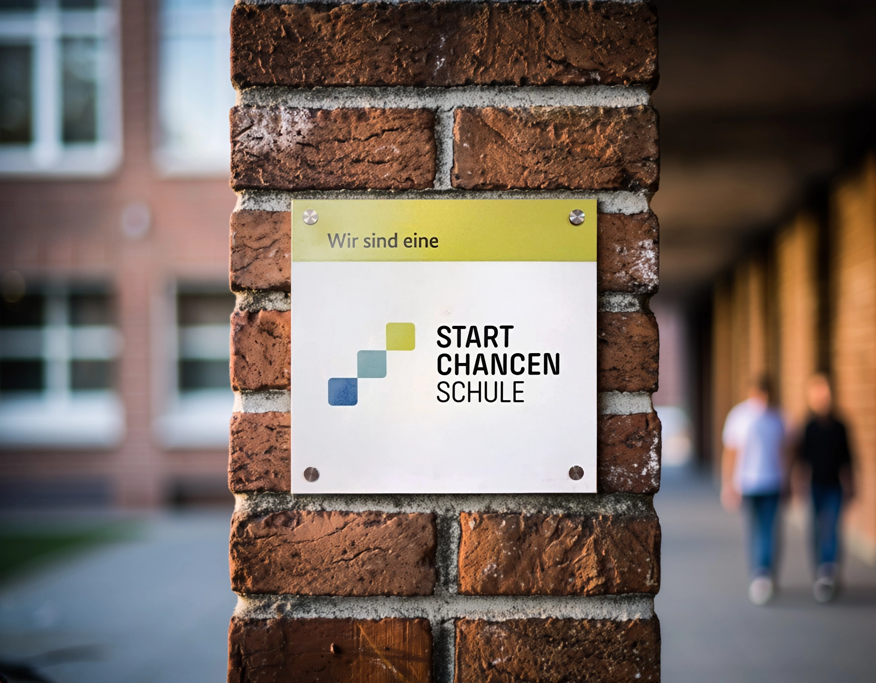 An einer Backsteinsäule im Vordergrund eines Schulhofes ist ein Schild mit der Aufschrift: 'Wir sind Startchancen Schule' zu sehen.